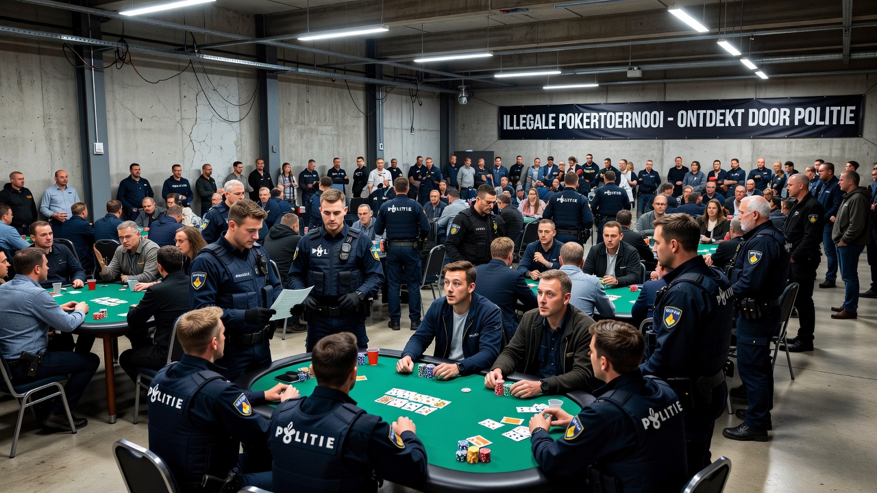 Interieur van een pokerlocatie met tafels en deelnemers tijdens een controle